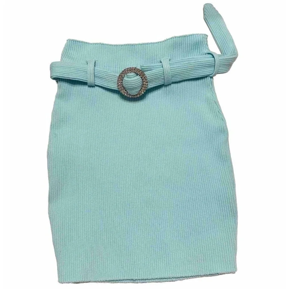 Fashion Nova Two Piece Ribbed Set Blue Turquoise Size Small Rare Jewel Skirt Set